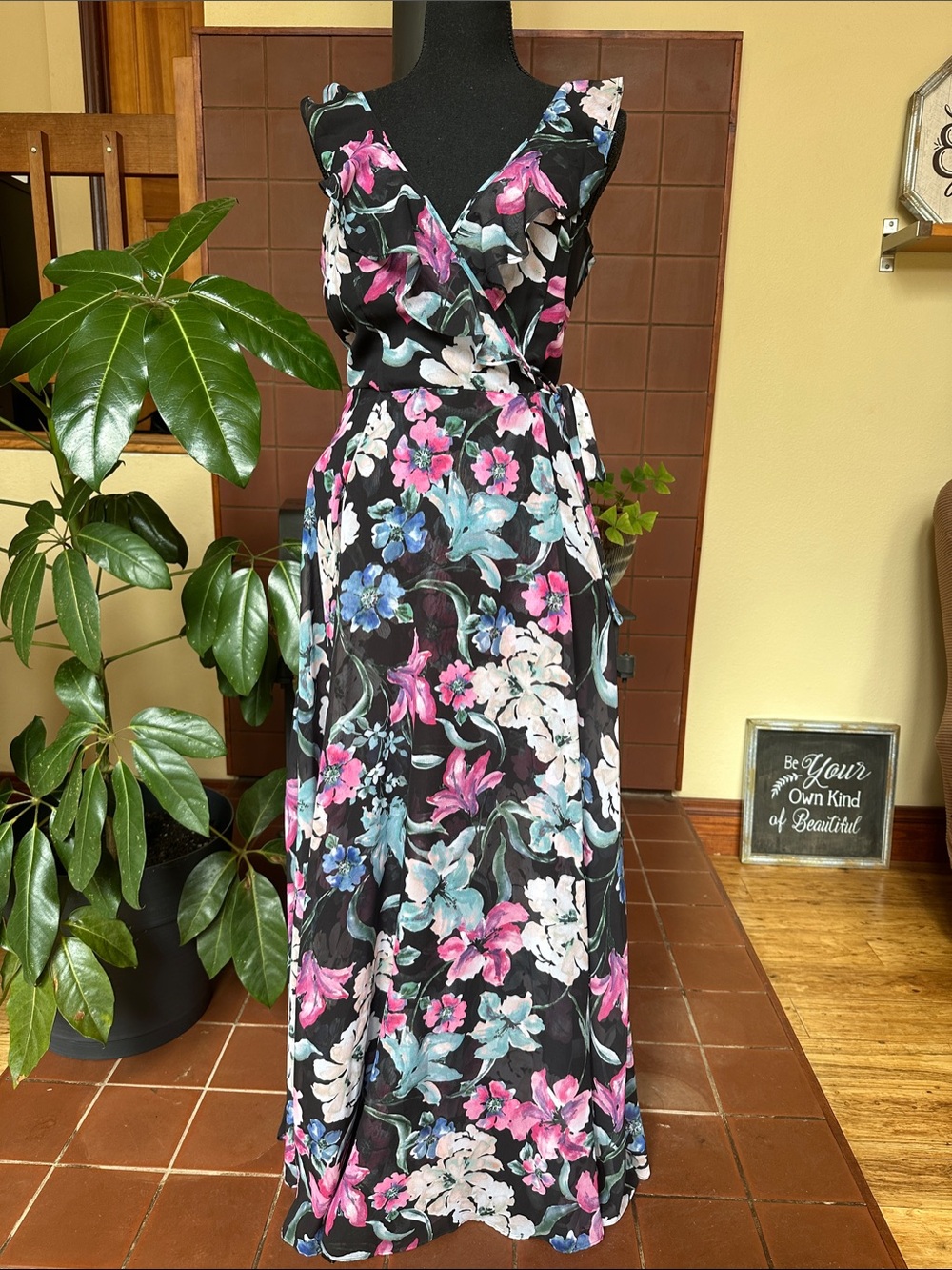 #237- INC International‎ Concepts Floral Wrap Maxi Dress with Pink & Blue Blooms